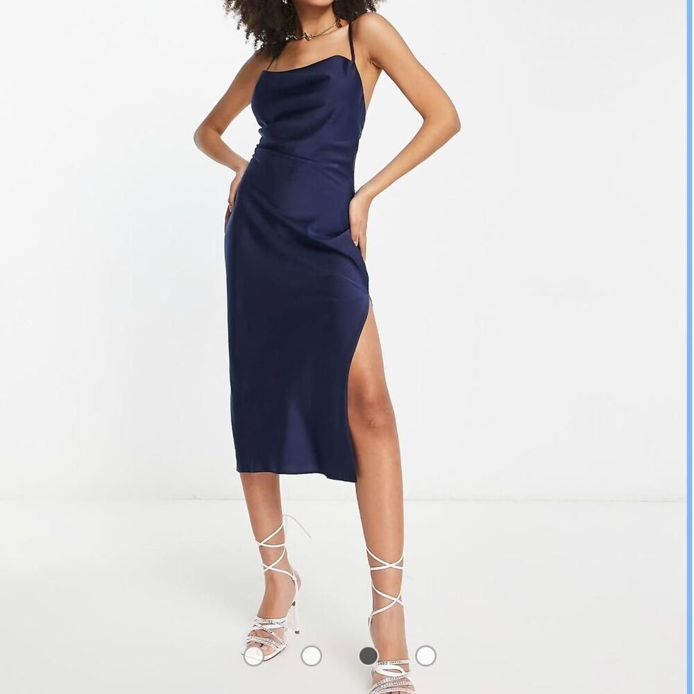 ASOS Design satin cami midi slip dress in navy.